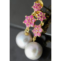 STRIKING GOLD-HUED STERLING SILVER FLORAL DROP & DANGLE EARRINGS WITH RUBIES AND A BAROQUE PEARL