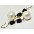 ELEGANT SAPPHIRE AND BAROQUE PEARL GOLD-HUED STERLING SILVER DROP & DANGLE EARRINGS. 925