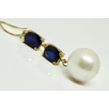 ELEGANT SAPPHIRE AND BAROQUE PEARL GOLD-HUED STERLING SILVER DROP & DANGLE EARRINGS. 925