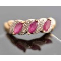 VINTAGE 9CT HALF ETERNITY YELLOW AND WHITE GOLD RUBY AND DIAMOND RING. 375