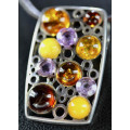 STRIKING LARGE VINTAGE SOLID STERLING SILVER PENDANT WITH  NATURAL AMBER & AMETHYST. LEATHER THONG