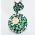 EMERALD PENDANT WITH A FIRE OPAL CABOCHON SOLID STERLING SILVER PENDANT & 46CM CHAIN