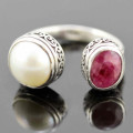 UNUSUAL HANDCRAFTED RUBY AND NATURAL PEARL SOLID STERLING SILVER RING