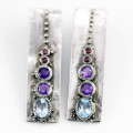HANDCRAFTED NATURAL BLUE TOPAZ, AMETHYST AND GARNET STERLING SILVER UNUSUAL SOLID BAR EARRINGS