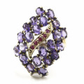 NATURAL IOLITE STERLING SILVER RING WITH CENTRAL RASPBERRY RUBY CURVED STRAND ON THE RING HEAD 925