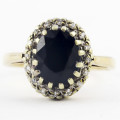 VINTAGE 9CT YELLOW GOLD RING - DARK BLUE SAPPHIRE WITH DIAMONDS JEWELLER EVALUATION R7`000