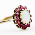 VINTAGE ENGLISH RUBY AND IRIDESCENT FIRE OPAL 9CT YELLOW GOLD RING COMES WITH JEWELLER CERT R11`500