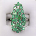 LARGE, LONG, UNHEATED NATURAL GREEN EMERALD SOLID STERLING SILVER RING