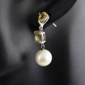 ELEGANT CITRINE AND BAROQUE PEARL STERLING SILVER DROP AND DANGLE EARRINGS. 925