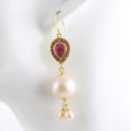 GLAMOROUS RUBY AND BAROQUE PEARL YELLOW GOLD-HUED STERLING SILVER DROP AND DANGLE EARRINGS. 925