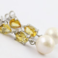 ELEGANT CITRINE AND BAROQUE PEARL STERLING SILVER DROP AND DANGLE EARRINGS. 925