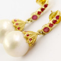 NATURAL RUBY GEMSTONE AND BAROQUE PEARL DROP AND DANGLE EARRINGS GOLD-HUE STERLING SILVER