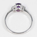 NATURAL AMETHYST (STRONG COLOUR) AND DIAMOND 9CT WHITE GOLD DAINTY RING. 375