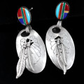 VINTAGE TURQUOISE, CORAL & LAPIS LAZULI STERLING SILVER FEATHER DESIGN DROP & DANGLE EARRINGS