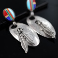 VINTAGE TURQUOISE, CORAL & LAPIS LAZULI STERLING SILVER FEATHER DESIGN DROP & DANGLE EARRINGS