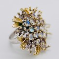 HANDCRAFTED VINTAGE FIRE OPAL CLUSTER STERLING SILVER RING WITH GILDED ACCENTS. 925