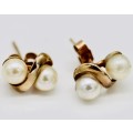 VINTAGE ENGLISH DOUBLE PEARL UNUSUAL TWIST DESIGN 9CT YELLOW GOLD STUD EARRINGS