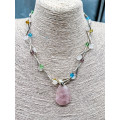 HANDCRAFTED NATURAL GEMSTONE STERLING SILVER LIQUID BEAD NECKLACE w/ROSE QUARTZ PENDANT