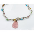 HANDCRAFTED NATURAL GEMSTONE STERLING SILVER LIQUID BEAD NECKLACE w/ROSE QUARTZ PENDANT