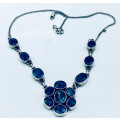 NATURAL ORGANIC EARTH MINED BLUE SAPPHIRE CABOCHON STERLING SILVER NECKLACE INTERESTING INCLUSIONS
