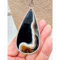 LARGE NATURAL EARTH-MINED BLACK AGATE PENDANT IN STERLING SILVER ON THONG