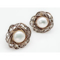 NATURAL PEARL GOLD GILD STERLING SILVER HANDCRAFTED `NEST` DESIGN STUD EARRINGS