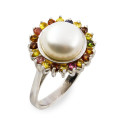 SAPPHIRE (Natural Multi-Colour Songea-Mined) & ROUND PEARL STERLING SILVER RING