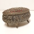 ORNATE WHITE METAL AND SCARLET TRINKET/JEWELLERY BOX