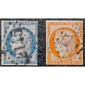TWO France Ceres Stamps Portrait 25c Blue, 40c Red Orange Imperforated `Repub Franc`