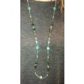 Lovely long beaded necklace, blues and greens. LN11