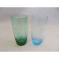 BLUE & GREEN !! Pristine Vintage Lot of Two Drinking Glasses with Grape & Vine Cut