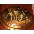 BEAUTIFUL DOG SCENE ON WOODEN DOME. SIZE, 32CM X 27CM.
