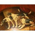 BEAUTIFUL DOG SCENE ON WOODEN DOME. SIZE, 32CM X 27CM.