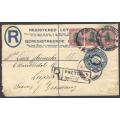 Union 1926 registered uprated (London ptgs) p/s envelope PRETORIA to LEIPZIG. See below.