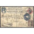 Union 1928 registered uprated (London and Pta ptgs) p/s envelope JOHANNESBURG to CHICAGO. See below.