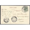 Transvaal: 1907 postcard JOHANNESBURG (counter) No. 9 to Greytown, Natal. See below.