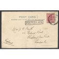 Transvaal: Scarce 1905 historic postcard with "POSTED LATE" Cachet. PRETORIA/ENGLAND. See below.