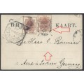 OFS 1893 (23 MAR) Scarce uprated 1/2d THIRD PTG. Stamp Brief Kaart Bloemfontein/Germany. See below.
