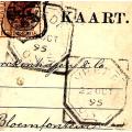 OFS 1895 (22 OC) 1/2d 7th PTG Stamp Brief Kaart Vrede (Squared Octagonal) to Bloemfontein. See below