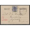 OFS 1892 (28 AUG) Rare 1d on 3d surch. Type III Stamp Brief Kaart variety. Less than 20 recorded.