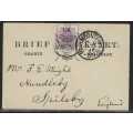 OFS 1896 (30 NO) 1 1/2d on 2d Stamp Brief Kaart. 3nd Ptg. Bloemfontein/England. See below.