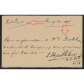 OFS 1901 (AU 16) Rare Boer War F(V)ET RIVER/SMALDEEL Antwoord Betaald Briefkaart. See below.