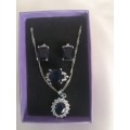 Princess Kate Blue Crystal Sapphire Gem Pendant with chain, earrings and Ring(S7)