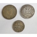 GERMAN - 3 silver coins as 1 lot: 1924 1 mark, 1907 zwei mark, 1951 5 mark