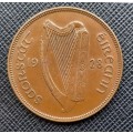 Ireland 1 Penny 1928 Uncirculated Bronze Coin - Irish Harp - Hen with Chicks