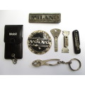 Lot -- Automobile / Car related items - Volvo badge / Milano badge / feeler guages and key chains.