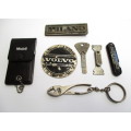 Lot -- Automobile / Car related items - Volvo badge / Milano badge / feeler guages and key chains.
