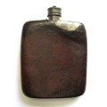Antique / Vintage Pewter Hip Flask - 6 OZ leather clad - damaged Made in England