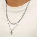 2pcs Simple Cross Pendant Stainless Steel Necklace, Thick Snake Chain And Side Chain Set