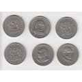 SIX NICE LARGE R1.00 COINS FROM 1977-1990-READ BELOW